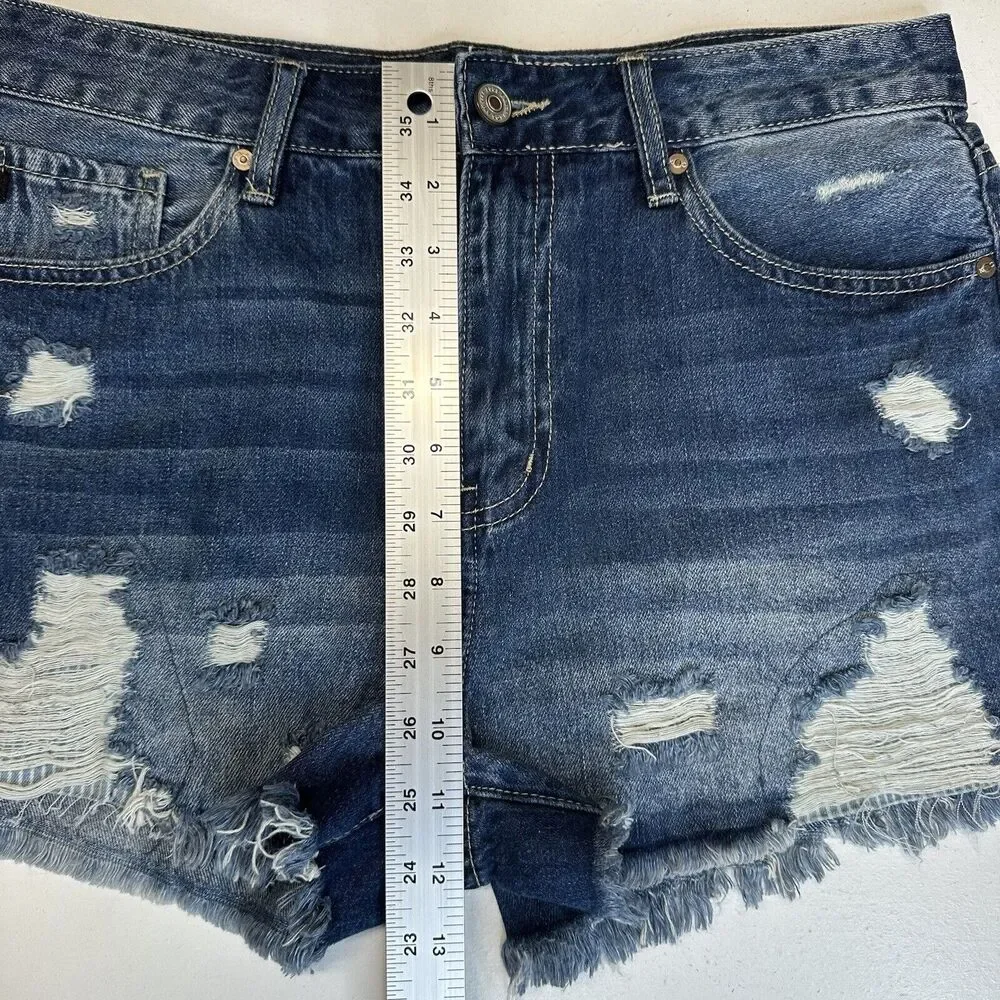 Kancan Shorts Womens 9 28 High Rise Denim Blue Jean Distress Cotton Fray Grunge
